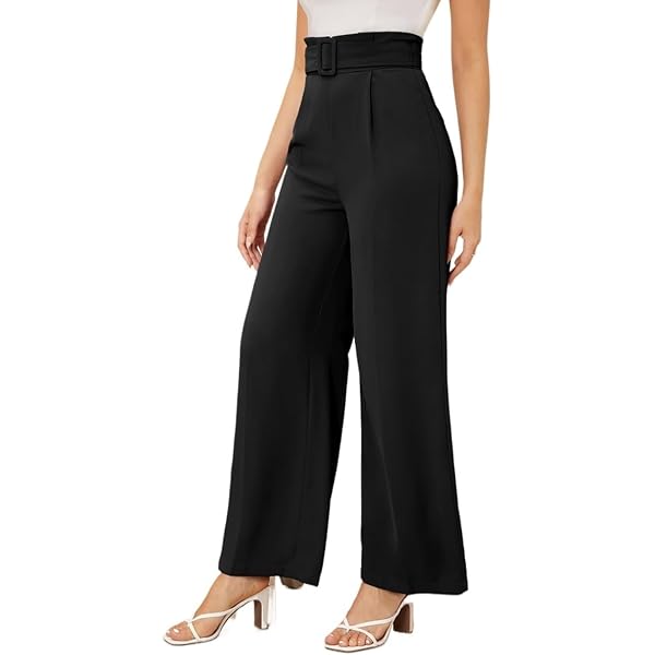 Women's Summer Pants Women Solid High Waist Belted Wide Leg